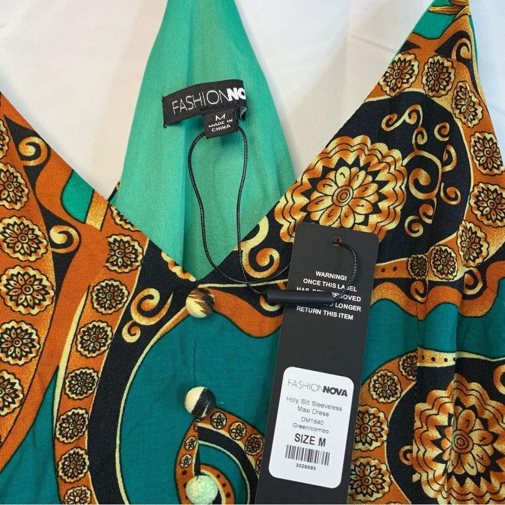 NWT Fashion Nova Holy Slit Spaghetti Strap Maxi Green Mixed Print Dress, size M - Picture 4 of 16